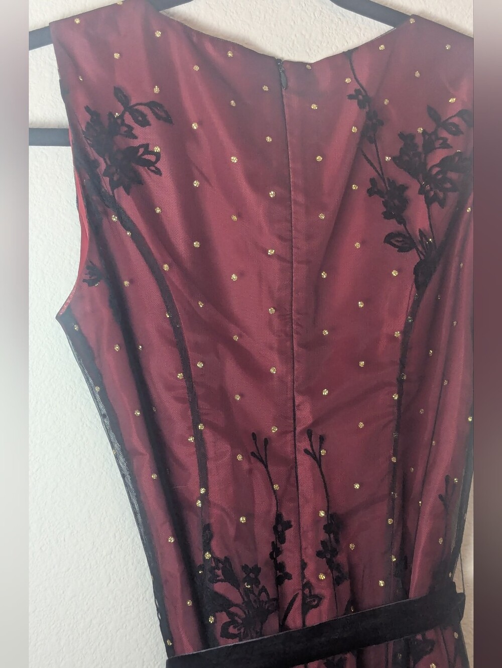 Coldwater Creek P6 Burgundy Black Floral Mesh Overlay Midi Dress - Picture 8 of 10